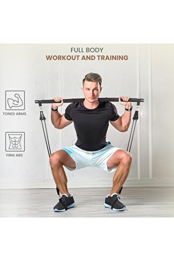Belle Vous Pilates Set with Bar and 4 Resistance Bands, Leg Straps, Carrying Case, Black