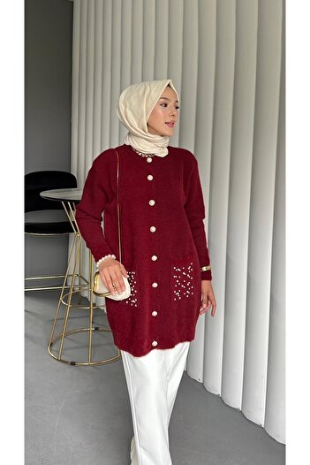 Modamorfo Pearl Detailed Double Pocket Bearded Cardigan - Burgundy