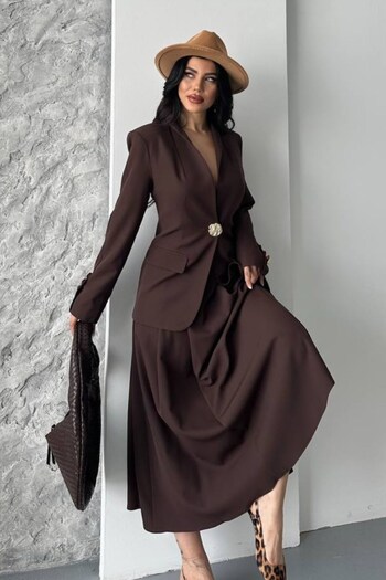 spirituel Women's Two-Piece Suit Stylish Button Detail Stand Collar Blazer Jacket Long Bell Skirt Set