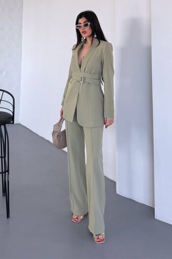 spirituel Women's Two-Piece Bottom Top Set Belted Blazer Jacket Wide Leg Pants Set