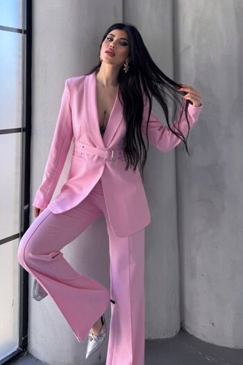 spirituel Women's Two-Piece Bottom Top Set Belted Blazer Jacket Wide Leg Pants Set