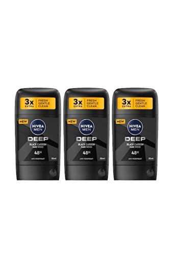 Nivea Men Set 3 x Deodorant Stick 50ml, Deep Black Carbon Dark Wood, Anti-stains, Long-lasting Fresh