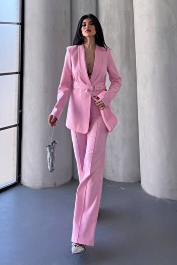spirituel Women's Two-Piece Bottom Top Set Belted Blazer Jacket Wide Leg Pants Set