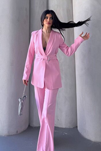 AKD Atelier Women's Two-Piece Bottom Top Set Belted Blazer Jacket Wide Leg Pants Set