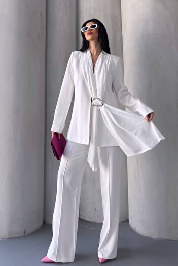 AKD Atelier Women's Two-Piece Top and Bottom Set Stylish Shawl Collar Buckle Jacket Wide-Leg Pants Set