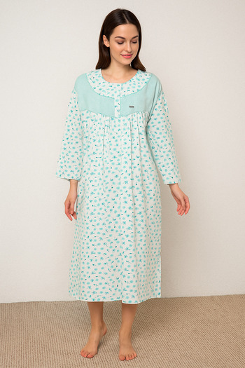 5.MEVSİM Mother's Nightgown, Red Patterned Comfortable Cut with Wool Inside and Long Sleeves