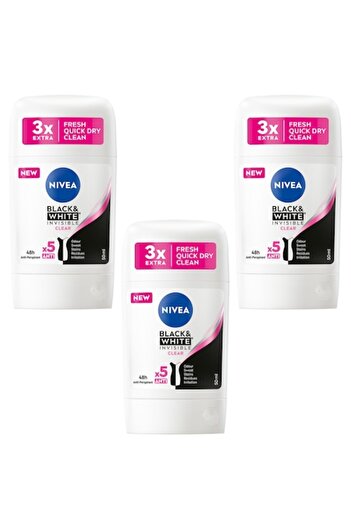 NIVEA Set 3 antiperspirante Black & White Invisible Clear, Nivea, Testat dermatologic, Fara alcool, 48 h,