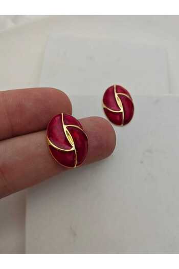 KYOLA DESİGN Burgundy Pearlescent Oval Gold Women's Earrings (3cm)