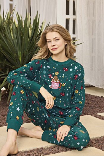 Aydoğan Lodos Store Women's Long Sleeve Cotton Ribbed Pajama Set Christmas New Year Patterned