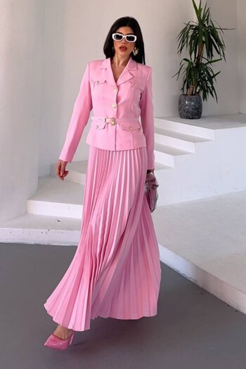 spirituel Women's Two-Piece Top and Bottom Set Stylish Belted Pocket and Button Detail Short Blazer Jacket Pleated Long Skirt Jewelry