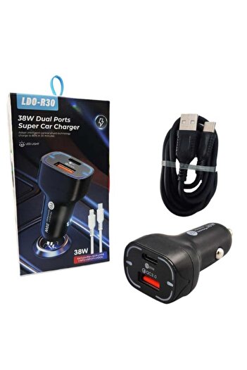 Poro Online Incarcator Auto 38 W Cablu Tip C PD+QC 3.0 + USB LD 0 R 30 Alb
