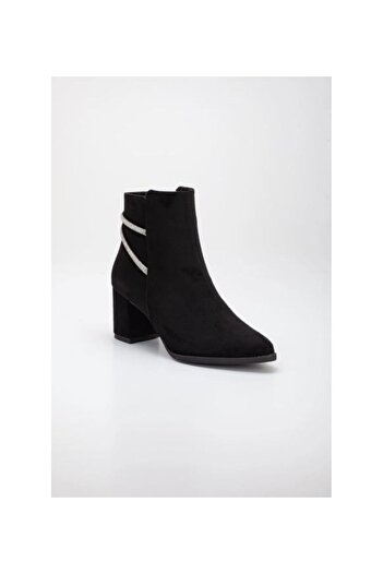 PANDORA MODA Stoned Side Zipper Heeled Boots Black Suede