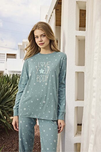 Aydoğan Lodos Store Women's Long Sleeve Cotton Ribbed Pajama Set with Mottolu Star Pattern