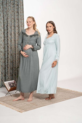 Lohussa Women's Green Nevrürlü Melisa Buttoned Thick Winter Plus Size (Oversized) Long Sleeve Full Length Nightgown