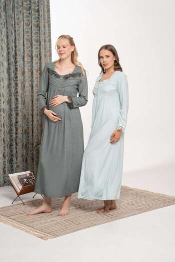 Lohussa Women's Mint Nevrürlü Melisa Buttoned Thick Winter Plus Size (Oversized) Long Sleeve Full Length Nightgown