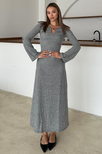 Olcay Knitted Dress with Accessories on the Front Gray 9367-E