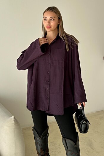 Olcay Spanish Sleeve Loose Cotton Shirt Mürdüm 9365