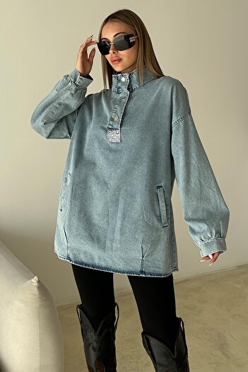 Olcay Casual Denim Tunic with Stone Detail on the Front Blue 9831