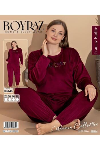 BOYRAZ Women's Winter French Velvet Plus Size Crew Neck Long Sleeve Pajama Set 03148 - 1 Piece