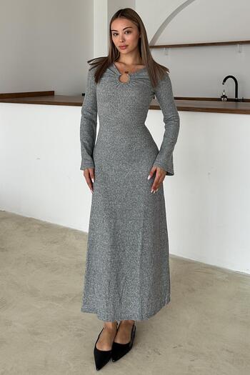 Olcay Knitted Dress with Accessories on the Front Gray 9367-E