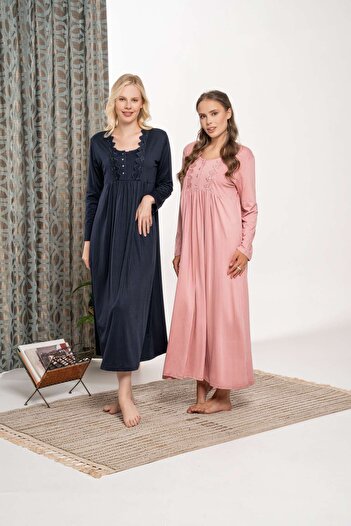 Lohussa Women's Navy Blue Lace Detailed Buttoned Winter Plus Size (Oversized) Long Sleeve Full Length Nightgown