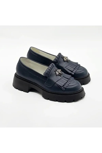 Piello Women's loafers, genuine leather, with fringes and metal accessory, Navy blue