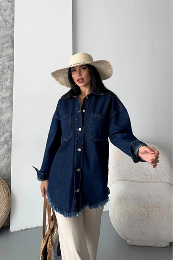 MODA Pocketed Tassel Snow Wash Denim Jacket Dark Blue D2515