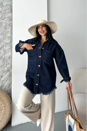 MODA Pocketed Tassel Snow Wash Denim Jacket Dark Blue D2515