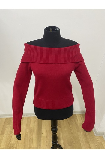 imoop design Women's Red Off-Shoulder Madonna Collar Knitwear Sweater