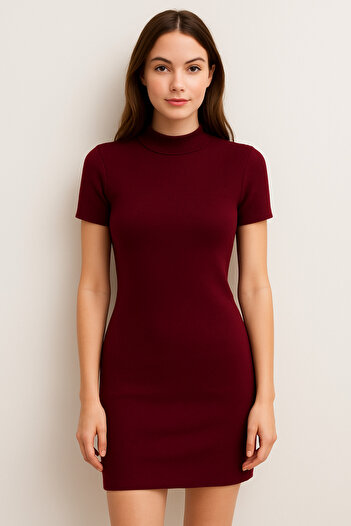 imoop design Women's Burgundy Half Turtleneck Stylish Knitwear Dress