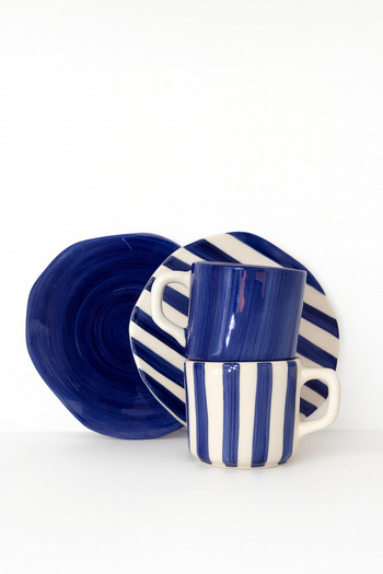 Hausette 2-Piece Thick Line Patterned Seamik Turkish Coffee Set, Mug, Turkish Coffee Cup, Cup, Mug