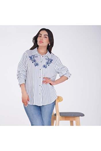 LINELLE Soft Crepe Ladies Shirt – Collar Neck, Full Sleeves and Floral Embroidery.