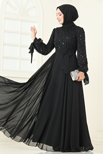ModaMerve Beaded Detail Chiffon Evening Dress 2814Elc1143-Ms Black