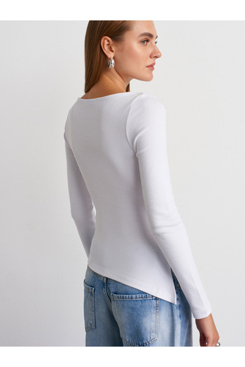 Dilvin 32198 Boat Neck Long Sleeve Top-White