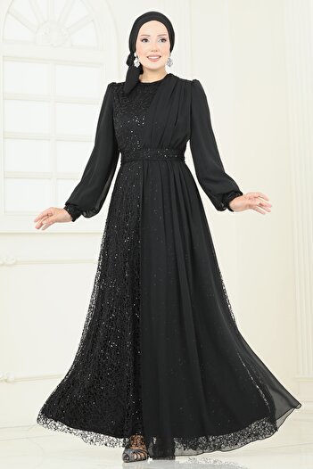 ModaMerve Sequin Detailed Chiffon Evening Dress 2819Elc1143-Ms Black