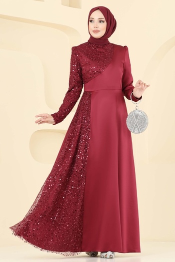 ModaMerve Beaded Detail Satin Evening Dress 2818Elc1143-Ms Burgundy