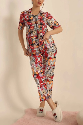 Le Savu Sevunera Mouse Patterned Short Sleeve Buttoned Pajama Set