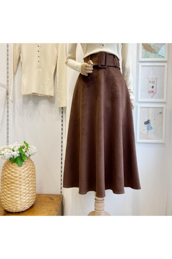 Faya Boutique Chocolate Brown Wide Belted Suede Skirt
