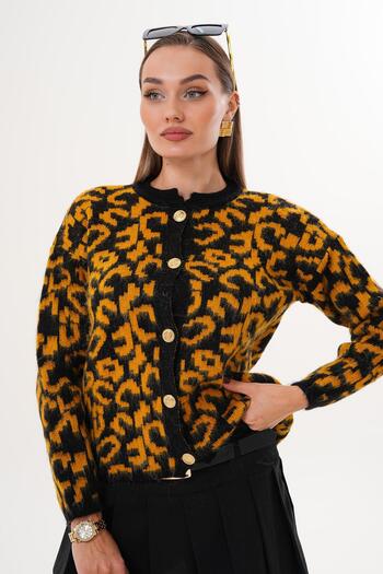 ŞİMAL Women's Leopard Print Button Closure Knitwear Knitted Cardigan 255143 -