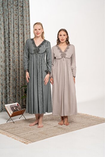 Lohusa Homewear Women's Dark Green Lace Detailed Winter Plus Size (Oversized) Long Sleeve Full Length Nightgown