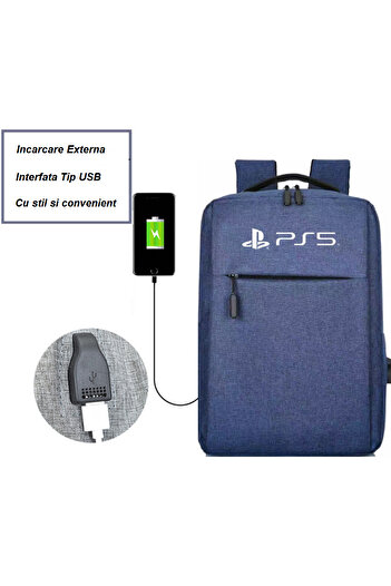 No branded Travel Backpack for PS5 Console, External USB Adapter, Textile Material, 41x28x12 cm, Blue