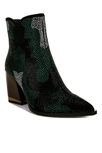 london Rag Women Rhinestones Embellished Block Heel Boots in Green
