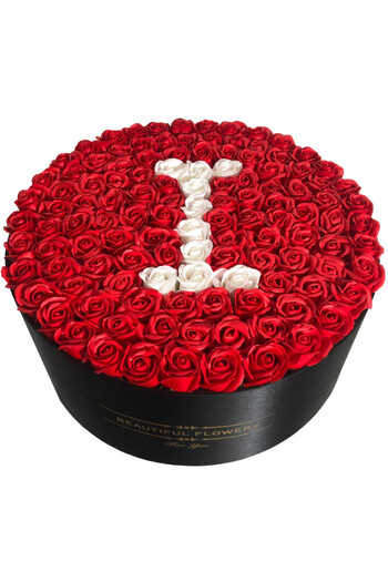 velve Personalized floral arrangement with letter, black round box with 135 soap roses, Letter I