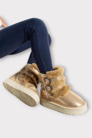 Liger Girls' Boots with Fur Inside, Double Belt, Thick Sole Bronze