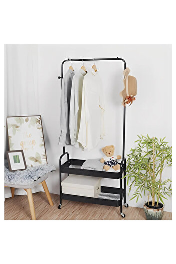Herum Mobile metal coat rack with space for hangers, 2 compartments, Black, 66 x 30 x 160 cm
