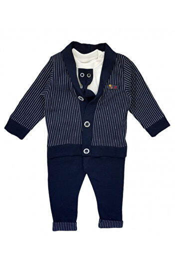 Miniworld 3-Piece Cotton Suit with Striped Pattern, Navy