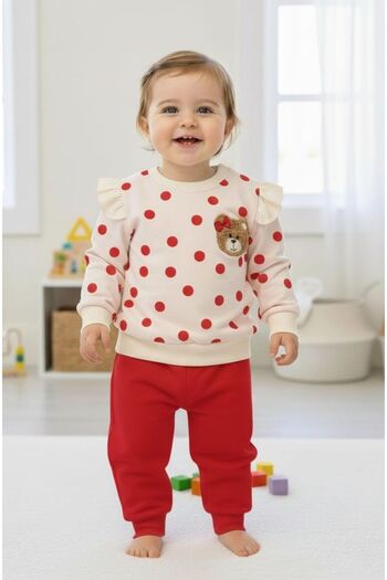 ruhaay Baby&Child Long Sleeve Ruffled Sleeve Detailed Puntiyeli Teddy Bear Embroidered Seasonal Top and Bottom Set