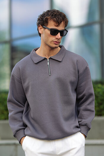 aziso Men's Polo Neck Soft Inside Half Zipper Loose Fit Sweatshirt
