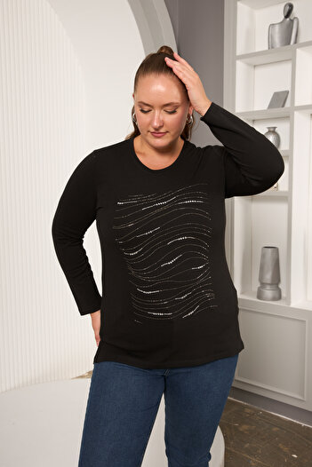 RMG Plus Size Black Glitter Detailed Wavy Patterned Long Sleeve Blouse