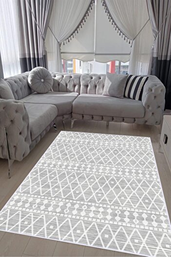 VOPTEKS Gri Beyaz Halı Yolluk Makinede Yıkanabilir Halı Kaymaz Taban Halı